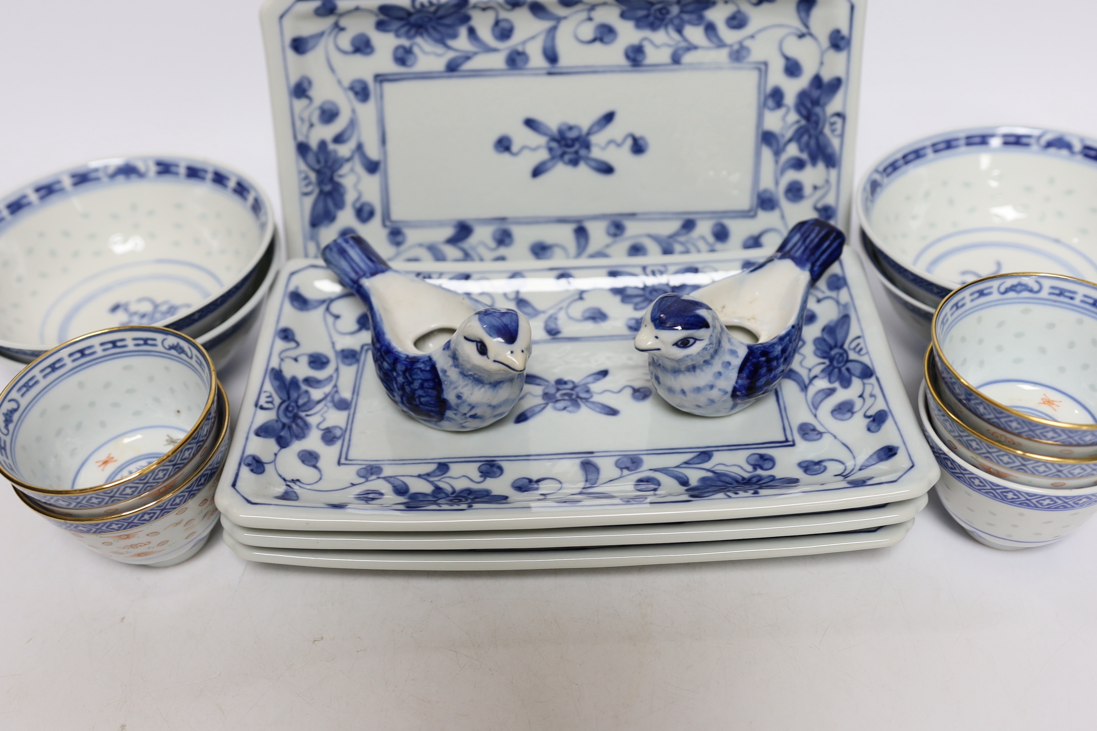 A group of Chinese blue and white porcelain, dishes 24cm wide